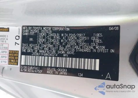 2008 Toyota Fj Cruiser from USA, damaged, VIN JTEBU11F68K040214